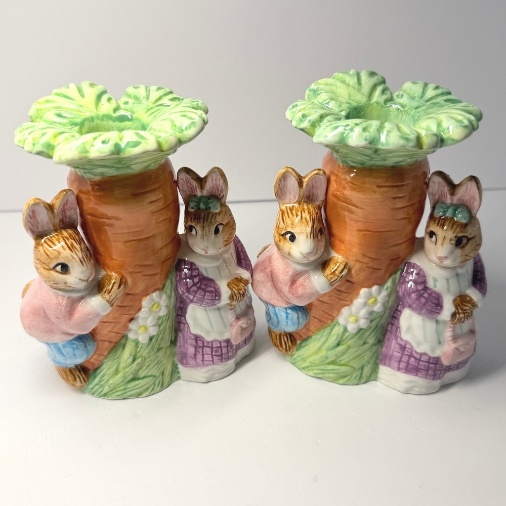 Vintage 1995 Lotus Ceramic Easter Bunny Carrot Candle Holders Pair Handcrafted
